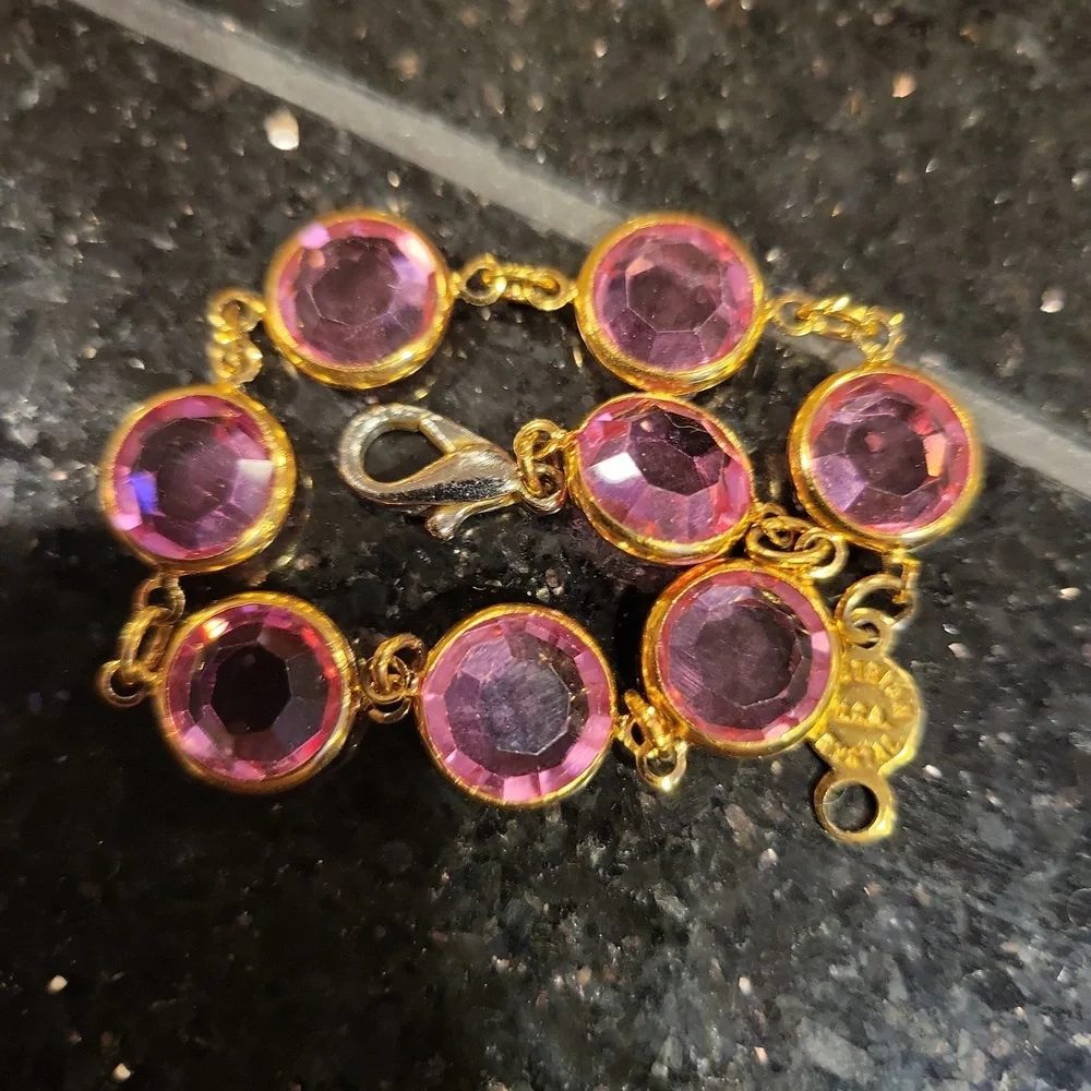 Austrian USA Crystal Pink Gold Tone Encased Crystal Bracelet 7